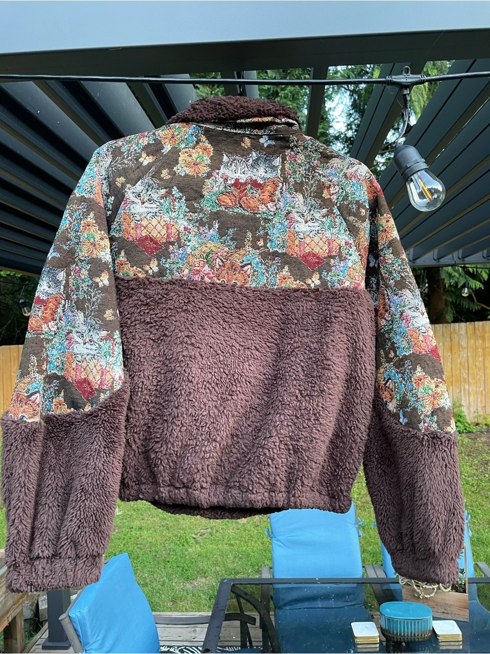 Cider Brown Sherpa Jacket with Floral Cat Print Yoke - Picture 2 of 7